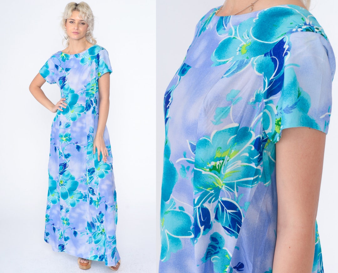 Hawaiian 90’s Hibiscus Floral Midi Hawaii Blue Black Green Leaves Tropical Bias Cut Slip Dress