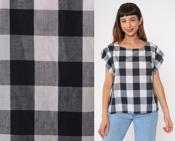 80s Buffalo Plaid Top Black White Checkered Blouse Short Cap Sleeve Shirt Vintage 1980s Country Check Print Scoop Neck Large L
