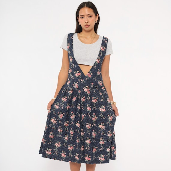 90s Floral Pinafore Dress Navy Pink Rose Jumper V Neck Sleeveless Gathered Prairie Cottagecore Garden Party Sundress Vintage Extra Small XS