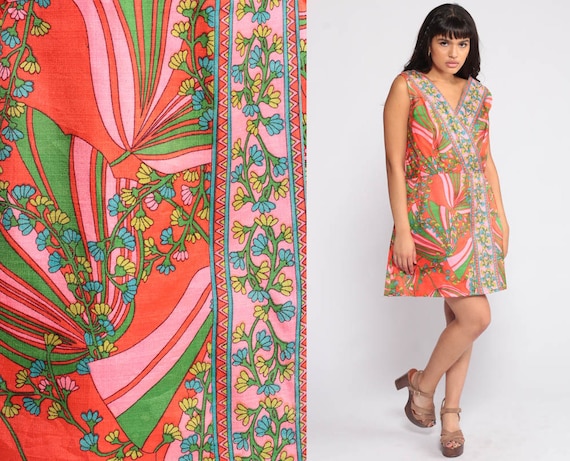 70s Wrap Dress Mini Floral Print 1970s Boho Deep V Bohemian Hippie Sleeveless Vintage High Waist Retro Orange Pink Summer Large