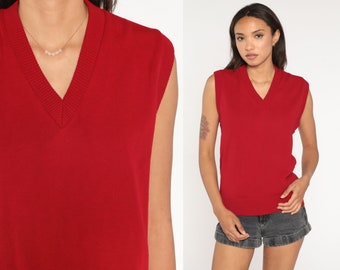 Red Sweater Vest Top 80s Acrylic Knit Tank Top Sleeveless Nerd 1980s Preppy V Neck Knit Shirt Sleeveless Plain Vintage Small S