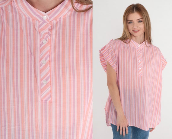 Pink Striped Shirt 80s 90s Half Button Up Blouse … - image 1