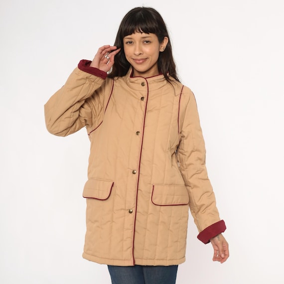 Quilted Barn Jacket 80s Tan Beige Burgundy Trim Snap Front Field Coat Chore Preppy Country Vintage Outerwear Americana Pockets Small S
