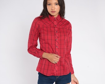 Western Red Plaid Shirt 80s Pearl Snap Button Up Checkered Flannel Black Grid Pattern Cowgirl Grunge Lumberjack Ranch Holiday Small S 9/10