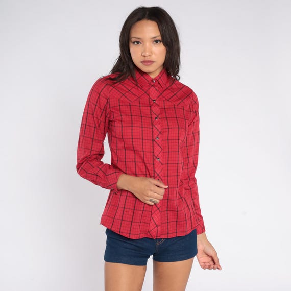 Western Red Plaid Shirt 80s Pearl Snap Button Up Checkered Flannel Black Grid Pattern Cowgirl Grunge Lumberjack Ranch Holiday Small S 9/10