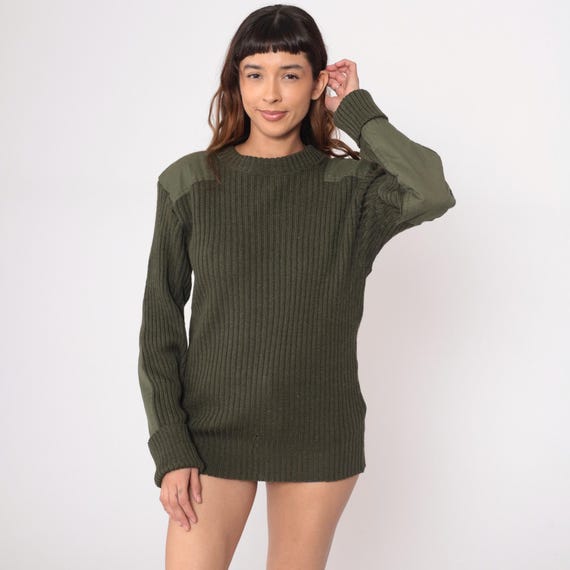 Wool Army Sweater Y2K Military Sweater Olive Drab Green Commando Pullover 90s Vintage Grunge Elbow Patch Ribbed 42 Medium M