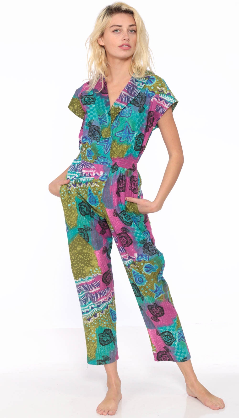 80s Cotton Jumpsuit Tropical Fish Print Deep V Romper Pantsuit Tie Dye