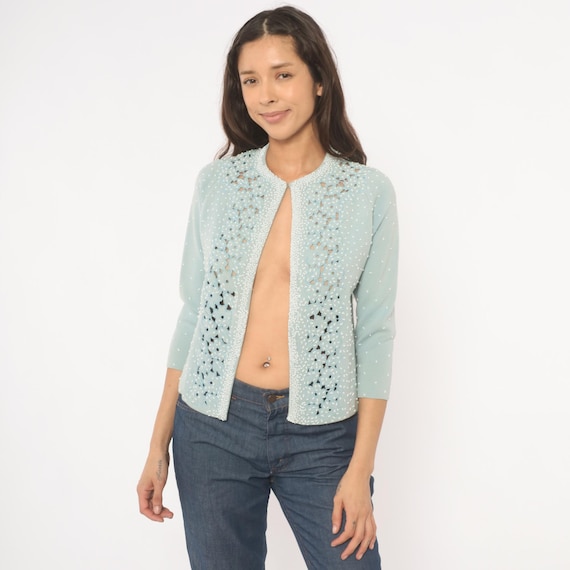 Beaded Floral Cardigan 80s Baby Blue Cutwork Flower Embellished Knit Wool Pearl Ivory Sky Powder Cropped Jacket Miss Boutique Small S