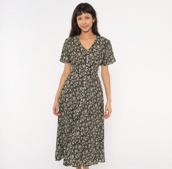 90s Dark Floral Midi Dress Pearl Button Front V Neck Short Sleeve Ditsy Print Black Tan Prairie Fitted Waist A Line Vintage Medium M