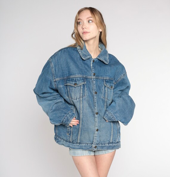 Denim Shearling Jacket 90s Lined Jean Jacket Retro Button Up Sherpa Jacket Biker Streetwear Basic Blue Coat Vintage 1990s Extra Large xl