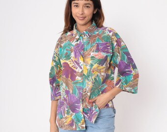 Camisa Tropical dos anos 90, Blusa com Estampa de Folhas da Selva e Aquarela, Botão, Surfista, Turista, Manga 3/4, Turquesa, Roxo, Vintage, Anos 90, Cabrais, Grande