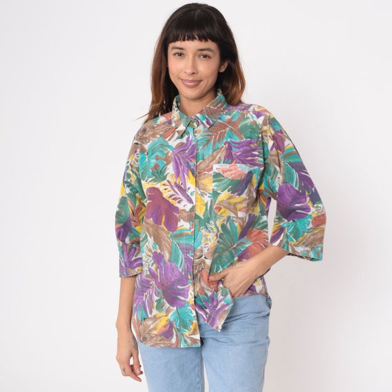 90s Tropical Shirt Watercolor Jungle Leaf Print Blouse Button Up Surfer Tourist 3/4 Sleeve Turquoise Purple Vintage 1990s Cabrais Large