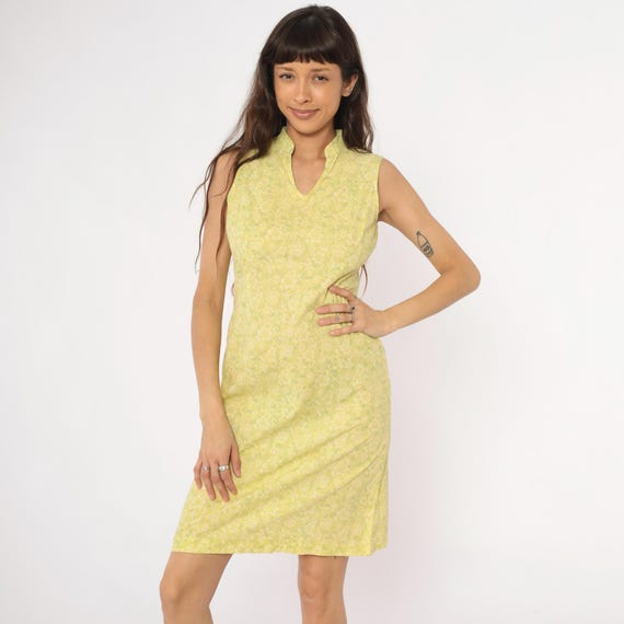 Y2K Yellow Summer Dress Floral Damask Print Knee Length Cotton Shift Vintage Spring Easter Collared Pale Butter Sundress Vacation Small S