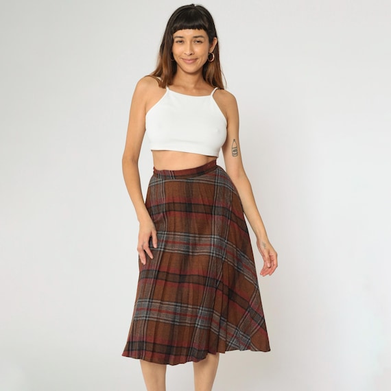 Vintage Pleated Plaid Skirt 80s Brown Midi Dark Academia Skirt A-Line Checkered High Waisted 1980s Preppy Small xs