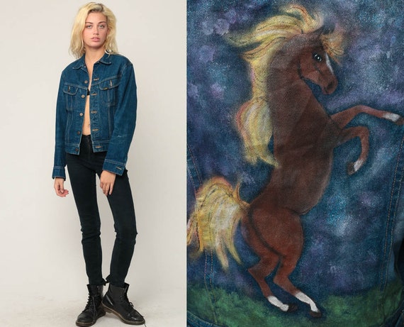 80s Jean Jacket HORSE Jacket Denim Jacket HAND PAINTED Blue Stone Wash Lee Oversized 1980s Vintage Biker Hipster small