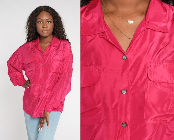 Hot Pink Silk Blouse Y2k Button Up Shirt Retro Plain Simple Long Sleeve Collared Top Preppy Basic Minimal Professional Vintage 00s Large L