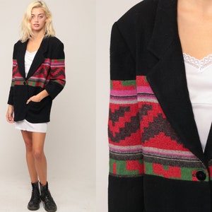 Southwestern Jacket Aztec Blazer Blanket Jacket Tribal WOOL BLEND 80s Boho Black Southwest Print Hippie Vintage Bohemian Medium