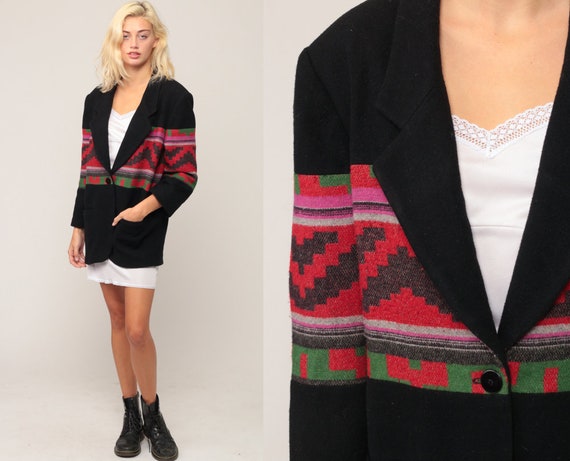 Southwestern Jacket Aztec Blazer Blanket Jacket Tribal WOOL BLEND 80s Boho Black Southwest Print Hippie Vintage Bohemian Medium