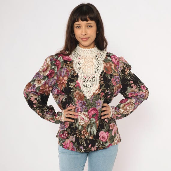 Victorian Prairie Blouse Lace Bib Floral 90s Scott McClintock Black Pink Rose Puff Sleeve Cottagecore Romantic Top Medieval Extra Large XL