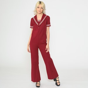 70s Sailor Collar Jumpsuit Burgundy Bell Bottom Jumpsuit Boho Hippie One Piece Playsuit Zip Up 1970s Nautical Vintage Disco Retro Small