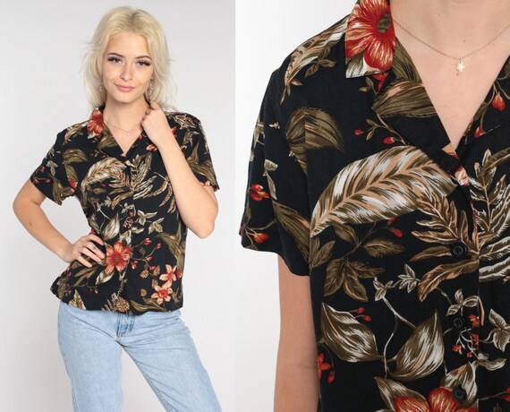 Black Floral Blouse Y2K Tropical Button Up Shirt Flower Print Short Sleeve Top Collared White Stag Summer Bohemian Orange Vintage 00s Small