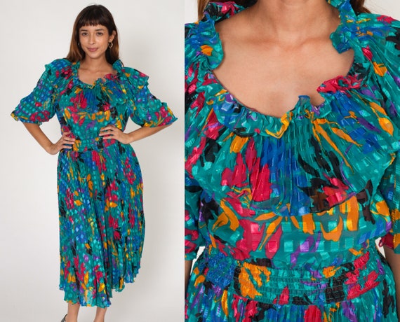 Ruffled Floral Dress 80s Midi Dress Green Embossed Square Flower Print Pleated High Waisted Garden Party Short Sleeve Vintage 1980s Small S