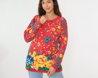 Vintage Red Floral Sweater 90s Bright Cotton Knit Pullover Sweater Yellow Blue Confetti Print Crewneck Jumper Hippie Retro 1990s Medium M