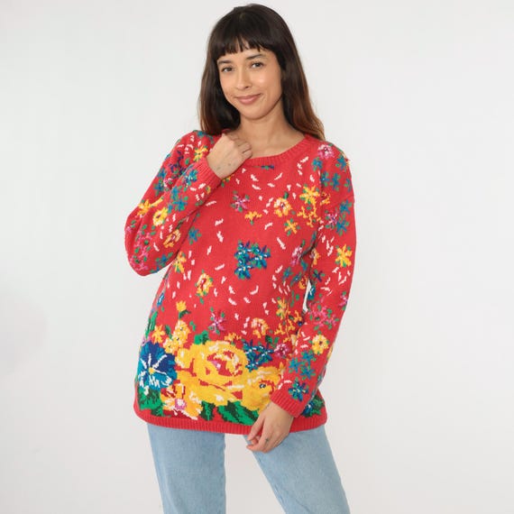 Vintage Red Floral Sweater 90s Bright Cotton Knit Pullover Sweater Yellow Blue Confetti Print Crewneck Jumper Hippie Retro 1990s Medium M