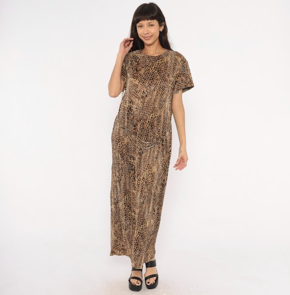 Snakeskin Print Maxi Dress 90s Brown Animal Pattern Ankle Length Shift Tan Reptile Safari Beige Black Straight Fit Vintage Extra Large XL