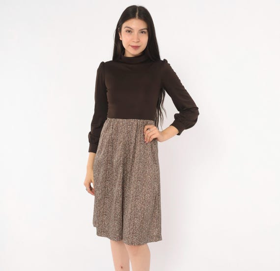 70s Herringbone Skirt Dress Brown Turtleneck Puff Sleeve Tweed Print Chocolate Tan Academic Nerdy Autumn Winter Vintage Extra Small XS