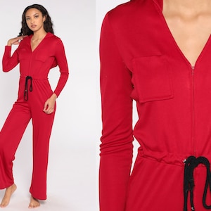 70s HOODED Jumpsuit Bell Bottom Boho Wide Leg Jumpsuit Red Belted Hood 1970s Disco Hippie Vintage Bohemian Pantsuit Long sleeve Small S
