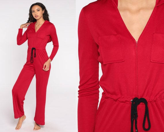 70s HOODED Jumpsuit Bell Bottom Boho Wide Leg Jumpsuit Red Belted Hood 1970s Disco Hippie Vintage Bohemian Pantsuit Long sleeve Small S
