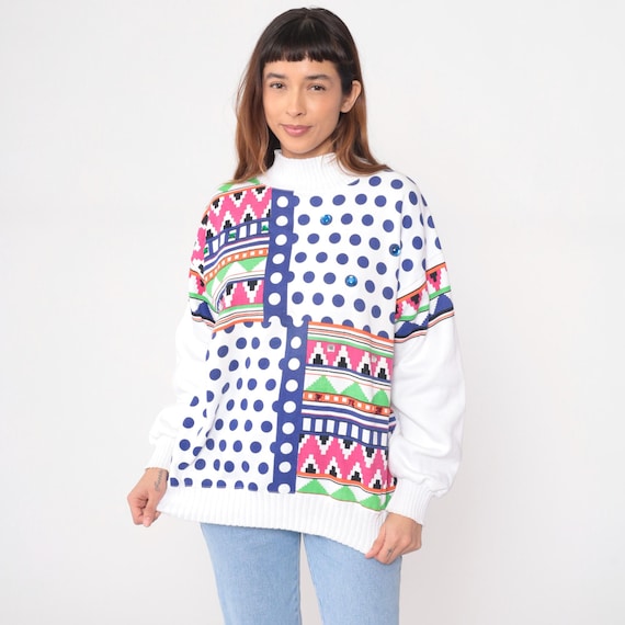 90s Geometric Sweatshirt White Multicolor Tribal Print Abstract Pattern Polka Dot Streetwear Pullover Long Sleeve Colorful Vintage Medium M