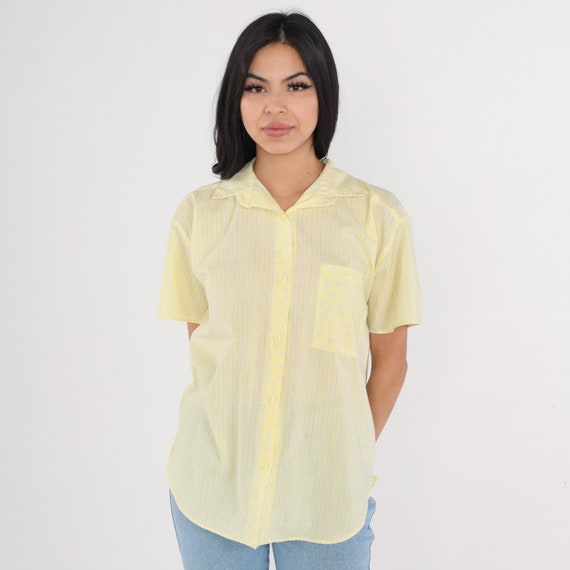 Yellow Striped Blouse 80s Button up Top Short Sleeve Shirt Dot Print Retro Preppy Casual Light Summer Button Back Vintage 1980s Medium M