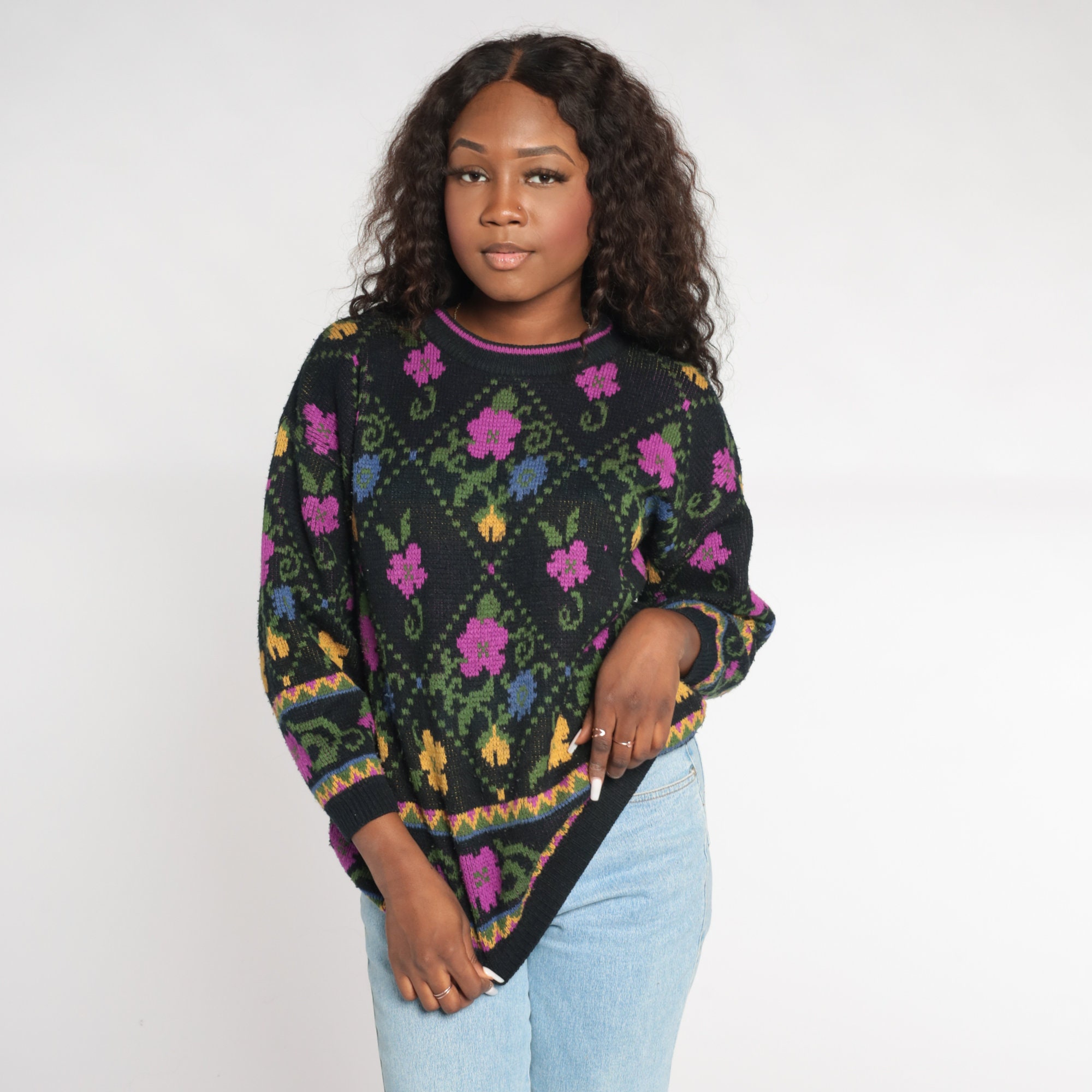 Black Floral Sweater 90s Knit Flower Sweater Retro Slouchy Pullover
