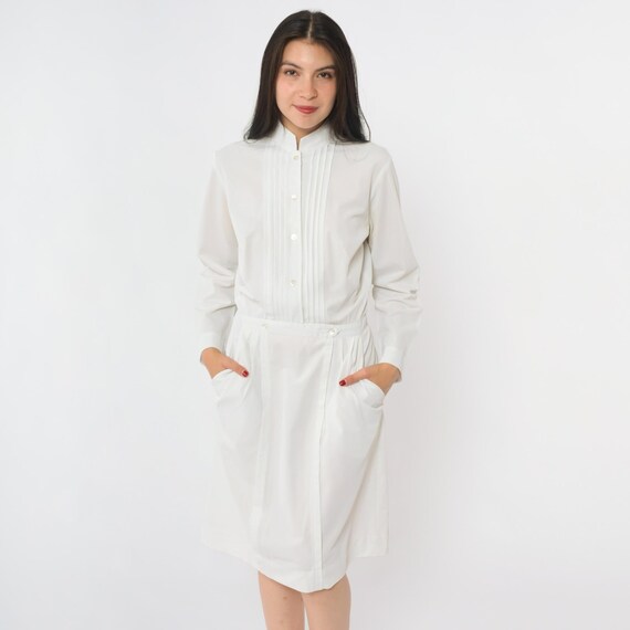 Vintage White Nurse Dress 60s Mandarin Collar Pleated Bib Button Up Long Sleeve Uniform Pockets Barco 1960s Midi Fitted Waist Pencil Small S