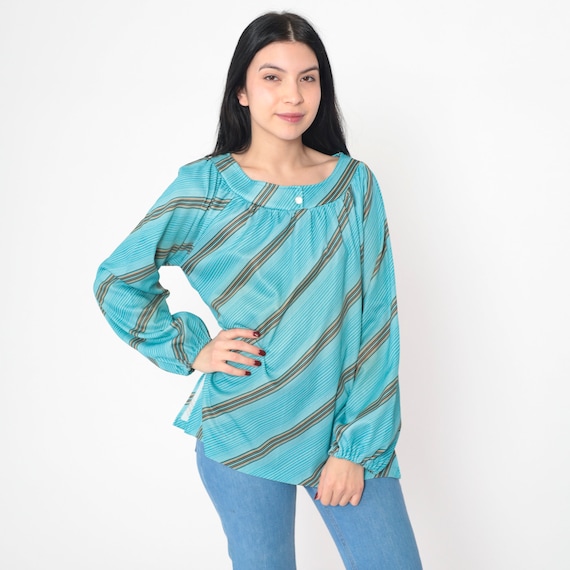 Blue Striped Blouse 70s Top Long Raglan Balloon Sleeve Shirt Retro Seventies Disco Button Up Groovy Diagonal Stripe Vintage 1970s Medium M