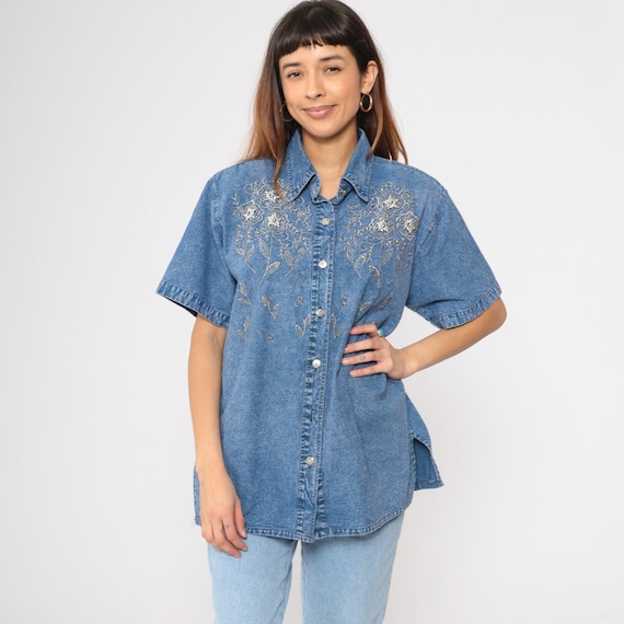 Vintage Embroidered Denim Shirt 90s Metallic Beaded Floral Top Acid Wash Blue Jean Button Up Blouse Short Sleeve Retro 1990s Medium M