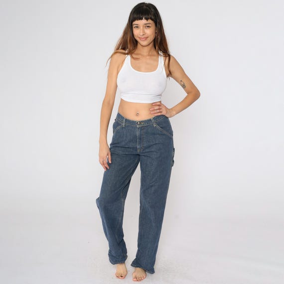 Vintage 90s Ralph Lauren Polo Jeans Workwear Carpenter Pants Hammer Loop High Rise Wide Straight Leg Dark Wash 1990s Size 10 Medium 29 Waist