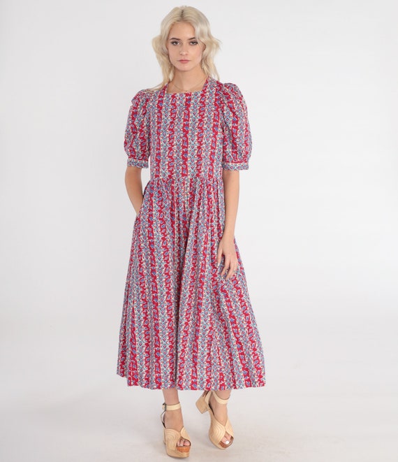 Vintage Laura Ashley Dress 90s Puff Sleeve Midi Dress Red Striped Geometric Leaf Print High Waisted Hippie Summer Cotton 1990s Medium 10