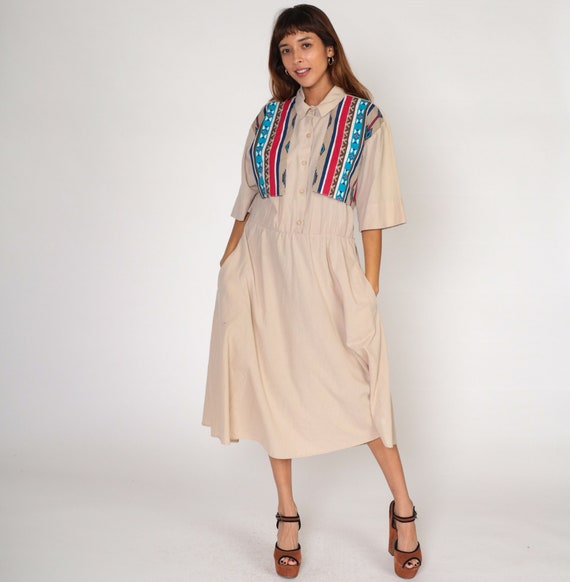 Southwestern Dress 90s Tan Button up Western Midi Dress Short Sleeve Collared High Waisted Boho Retro Short Sleeve Vintage 1990s Large L