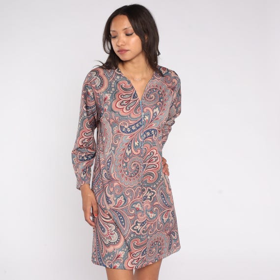 Paisley Mini Dress 80s Shift Blue Pink V Neck Long Sleeve Elegant Swirl Pattern Vintage Tunic Short Fall Boho Go Go Mod Zip Up Large L