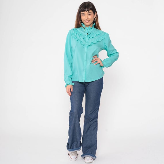 Turquoise Ruffled Blouse 70s Puff Sleeve Shirt Bu… - image 3
