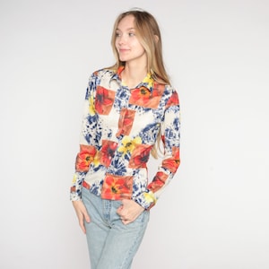 Vintage Tie Dye Floral Blouse 90s Psychedelic Button Up Shirt Boho White Abstract Flower Print Collared Long Sleeve Top 1990s Anxiety Small
