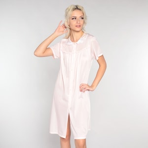 Pink Nightgown 80s Pajama Dress Floral Embroidered Collared Lace Trim Short Sleeve Button up Mini Nightie Lounge Vintage 1980s Medium M