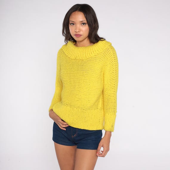 80s Yellow Knit Cowl Neck Sweater Open Knit Long Sleeve Bright Lemon Chunky Vintage Bold Maximalist Textured Acrylic Top Medium M 8