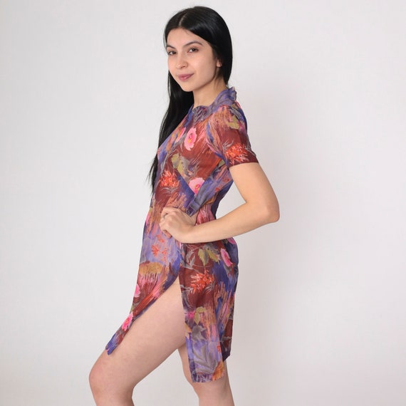 60s Floral Dress Mod Mini Dress Semi-Sheer Purple Red Pink Psychedelic Flower Leaf Print High Side Slit Cotton Vintage 1960s Extra Small xs