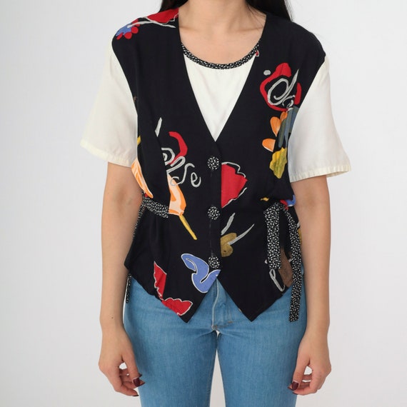 90s Abstract Blouse Twofer Attached Vest Floral Shirt Black White Button Up Shirt Short Sleeve Top 2fer 1990s Vintage Kathie Lee Medium 10