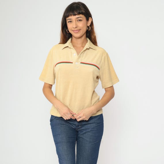 Vintage Terry Cloth Polo Shirt Tan Quarter Button Up 80s Striped T Shirt Collared Sleeve Geek Retro 1980s Medium M