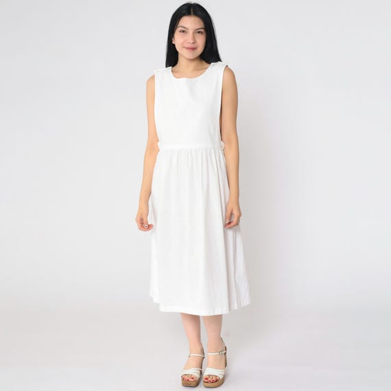 Vintage White Jumper Dress 80s Midi Dress Low Armhole Pinafore Overall Dress 1980s Plain High Waist Sleeveless Medium M